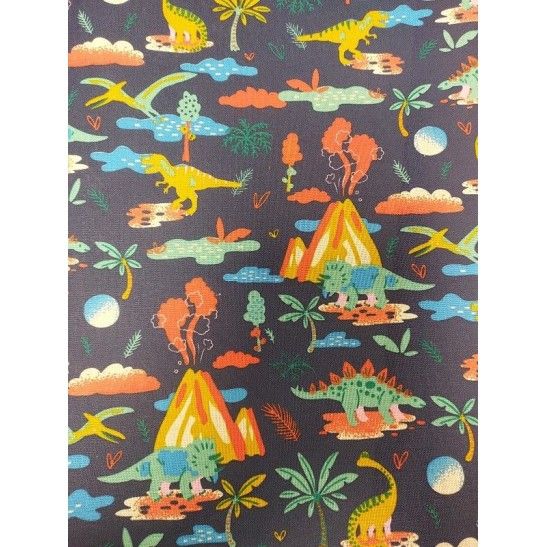 Tissu Safeco coton enfant imprimé dino bleu