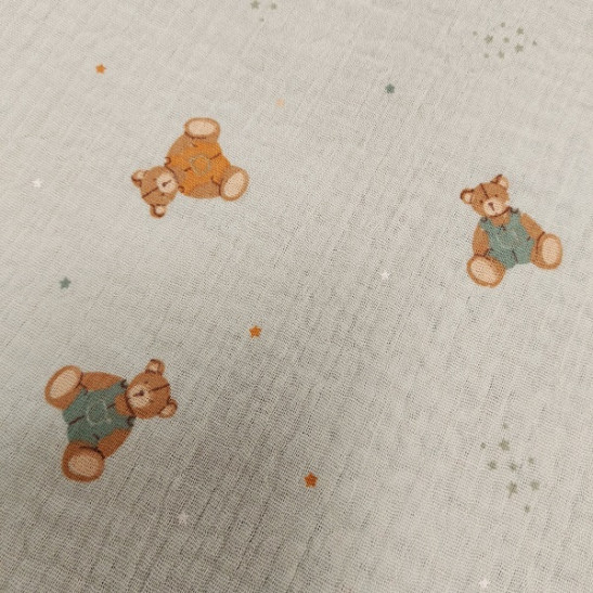 Double gauze  material printed with small bears green
