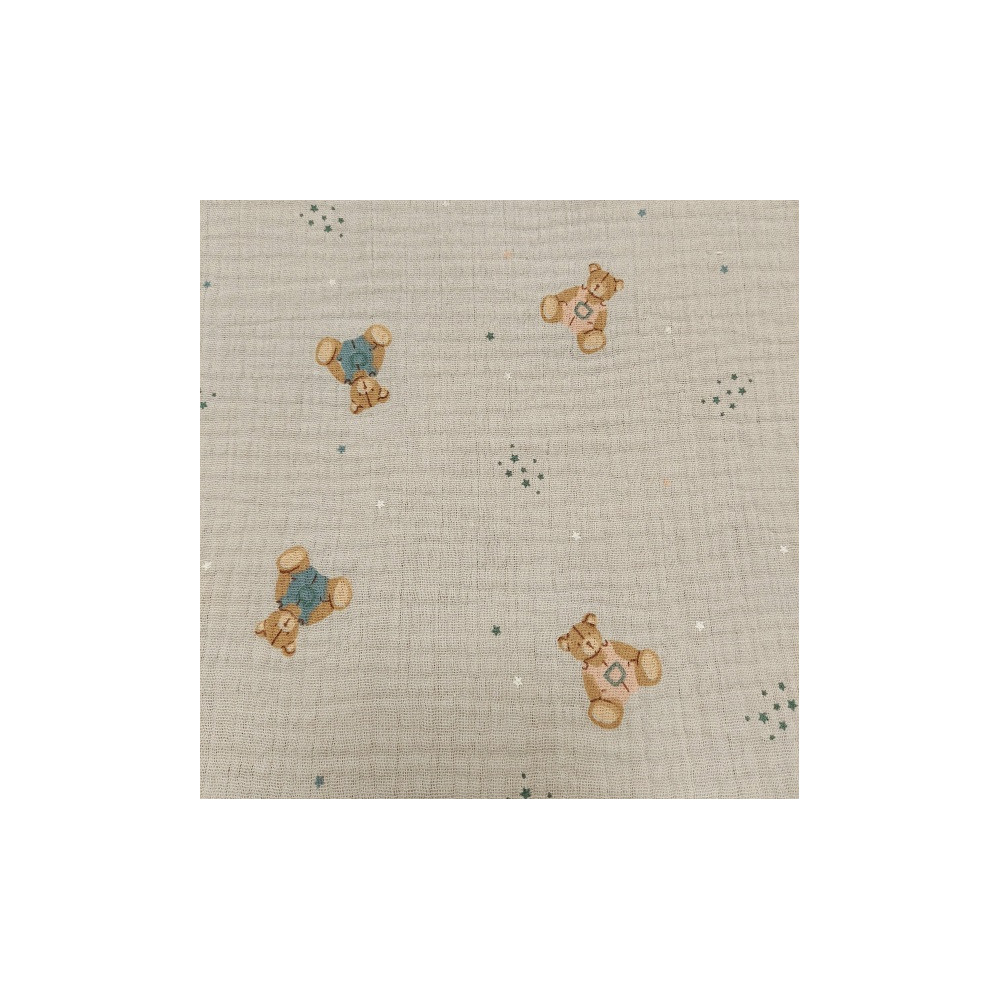 Tissu double gaze de coton imprimé oursons coloris vert
