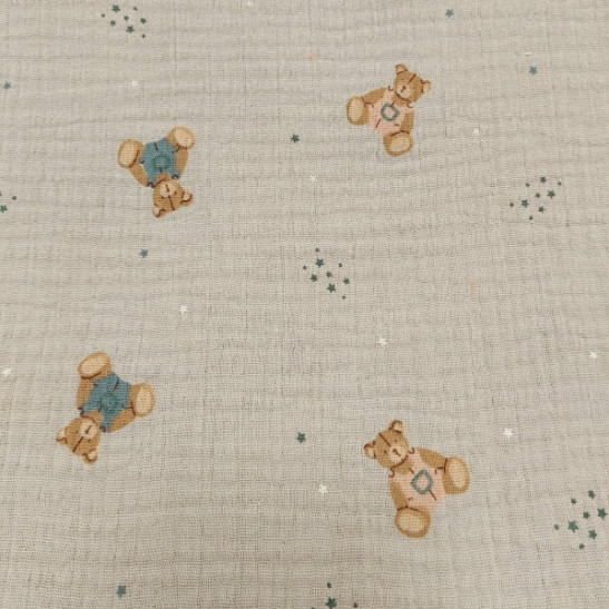 Double gauze  material printed with small bears green