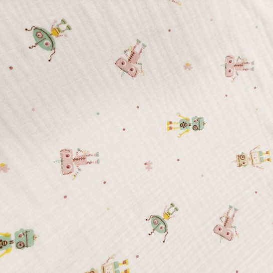 Tissu double gaze de coton  imprimé petits robots coloris blanc