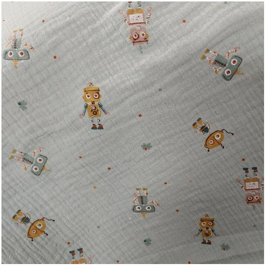 Double gauze material printed with robot old green