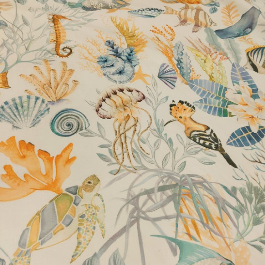 Tissu coton d'ameublement imprimé vie marine 280 cm large