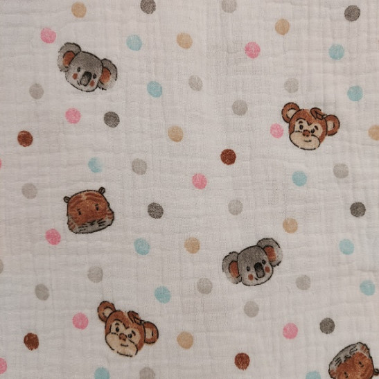 Tissu double gaze de coton  imprimé animaux et pois