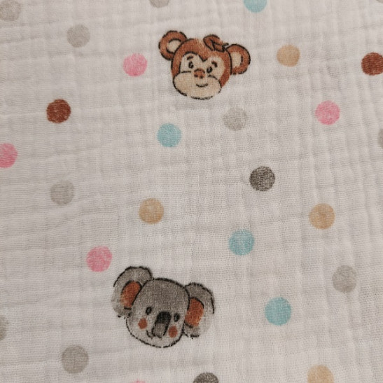 Double gauze material printed with animals and dots