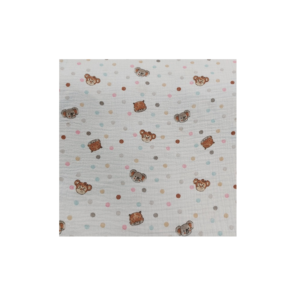 Tissu double gaze de coton  imprimé animaux et pois
