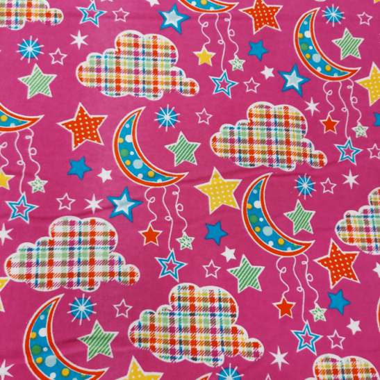 Flannelle cotton material print with cloud color fuchsia