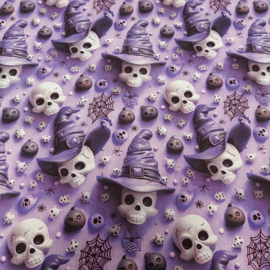 Tissu Halloween coton digital effet 3 D imprimé têtes de mort coloris mauve