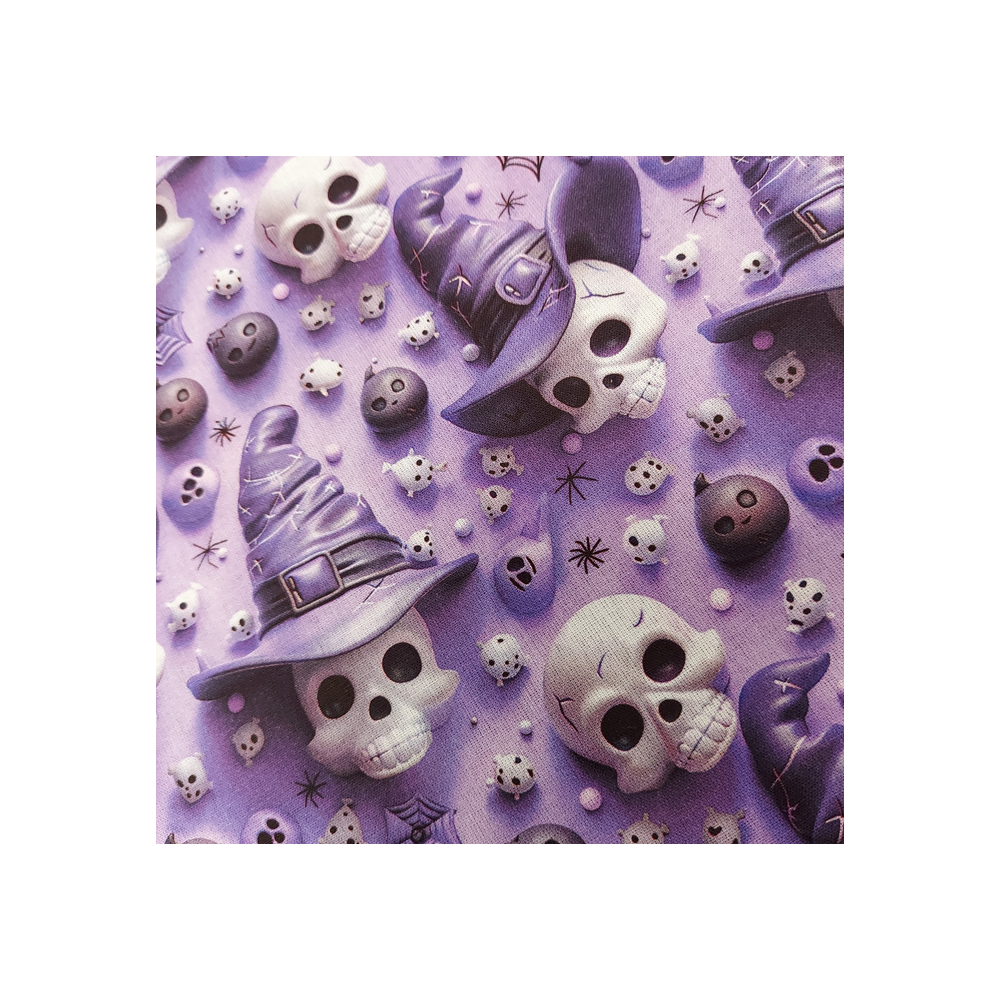 Tissu Halloween coton digital effet 3 D imprimé têtes de mort coloris mauve