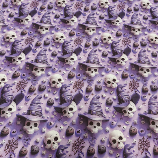 Tissu Halloween coton digital effet 3 D imprimé têtes de mort coloris mauve