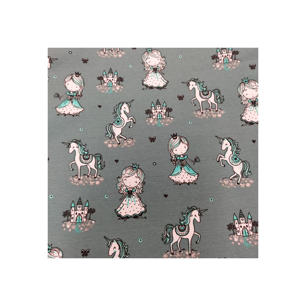 Jersey printed material princess and unicorn  color old green