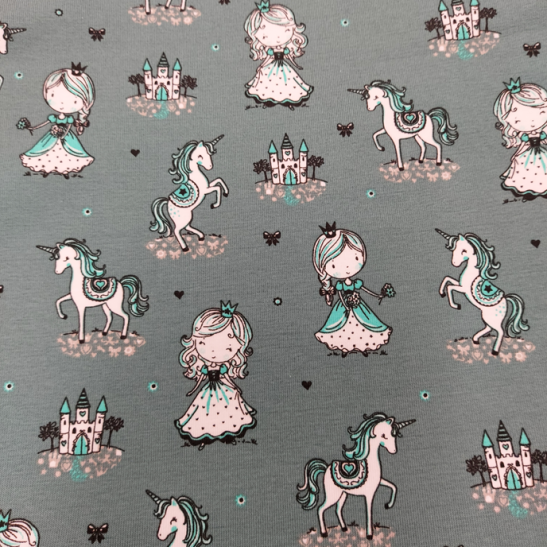 Jersey printed material princess and unicorn  color old green