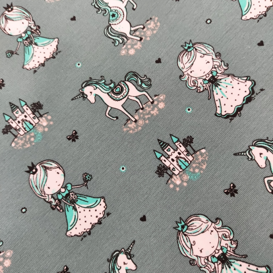 Jersey printed material princess and unicorn  color old green