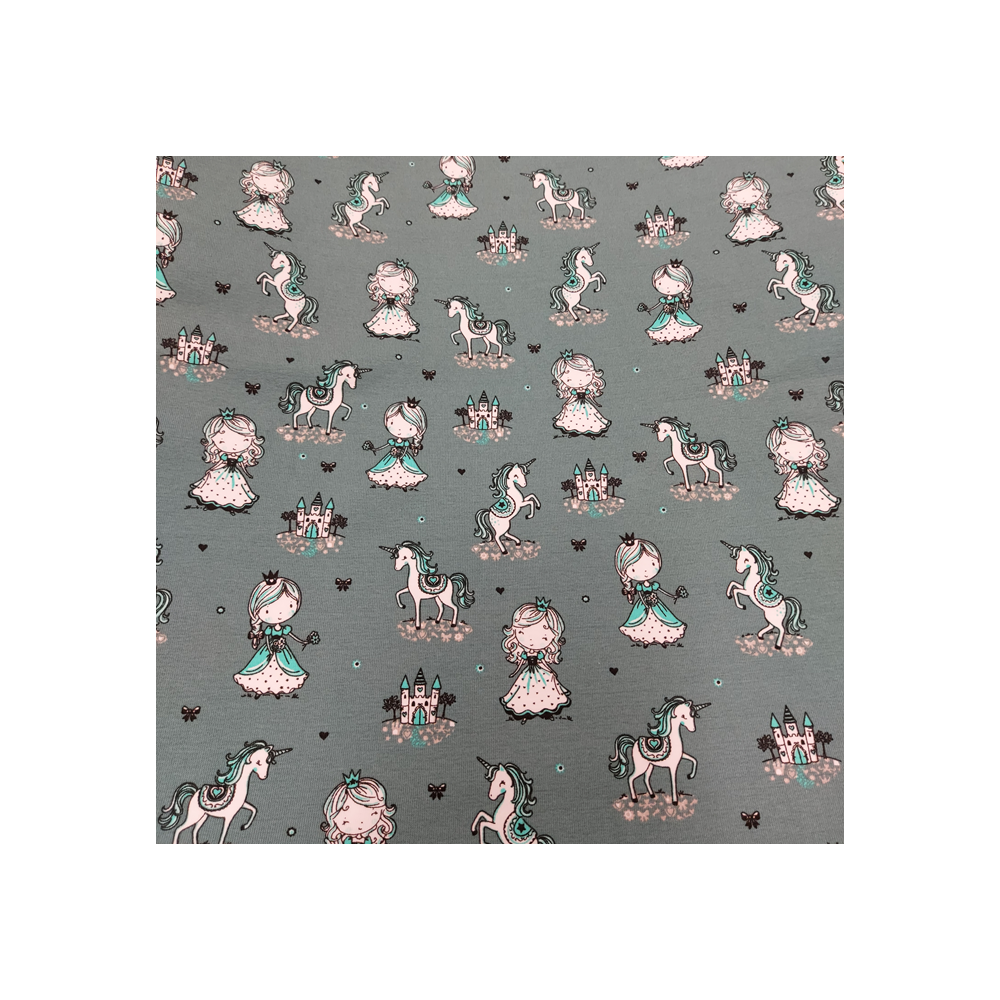 Jersey printed material princess and unicorn  color old green