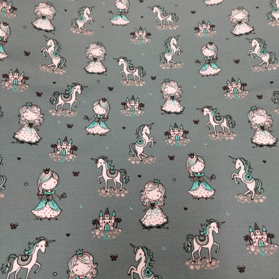 Jersey printed material princess and unicorn  color old green