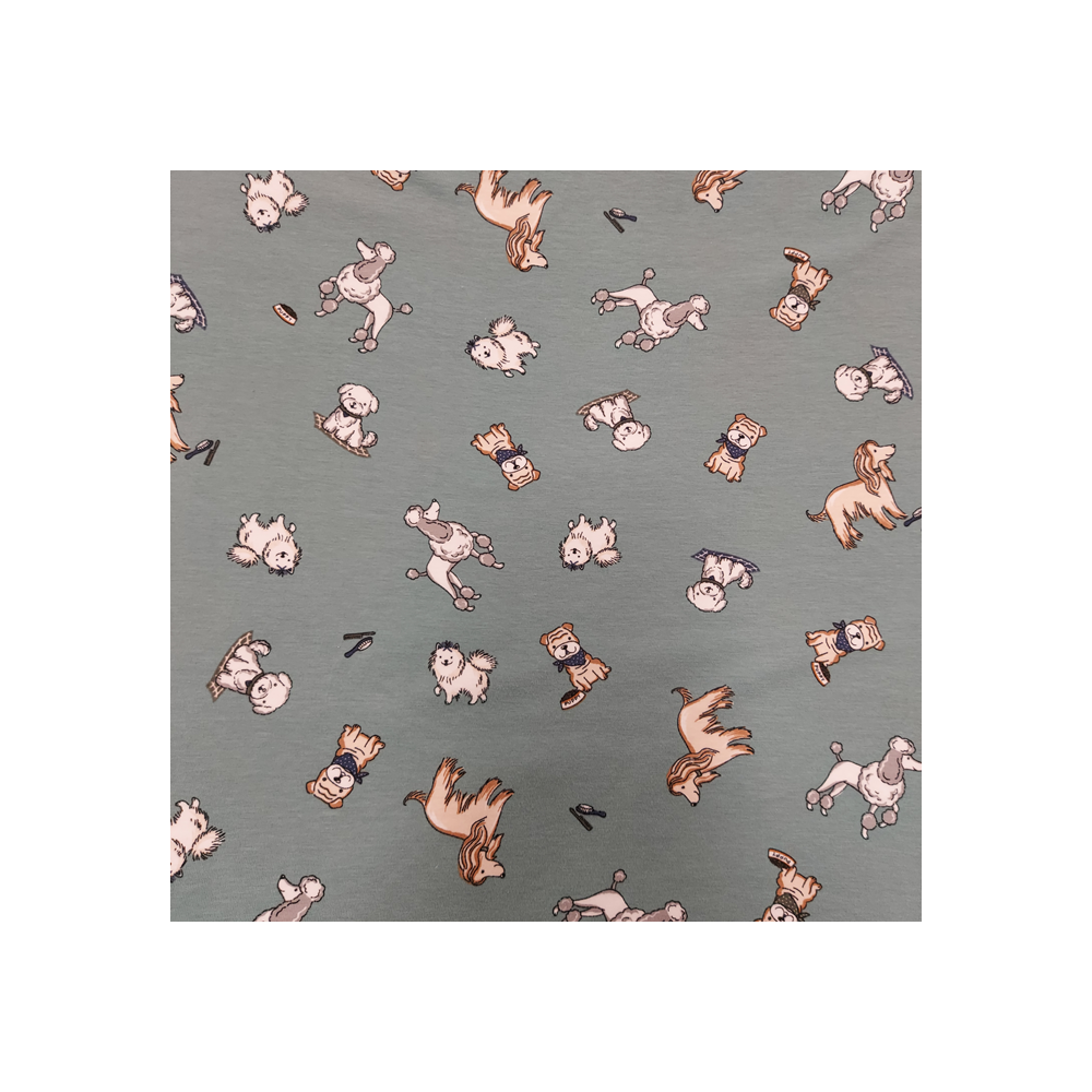 Jersey printed material with dog  color old green
