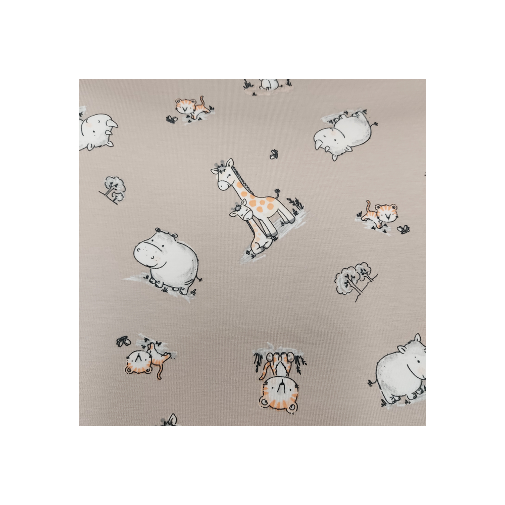 Jersey printed material with girafe and hippo color beige