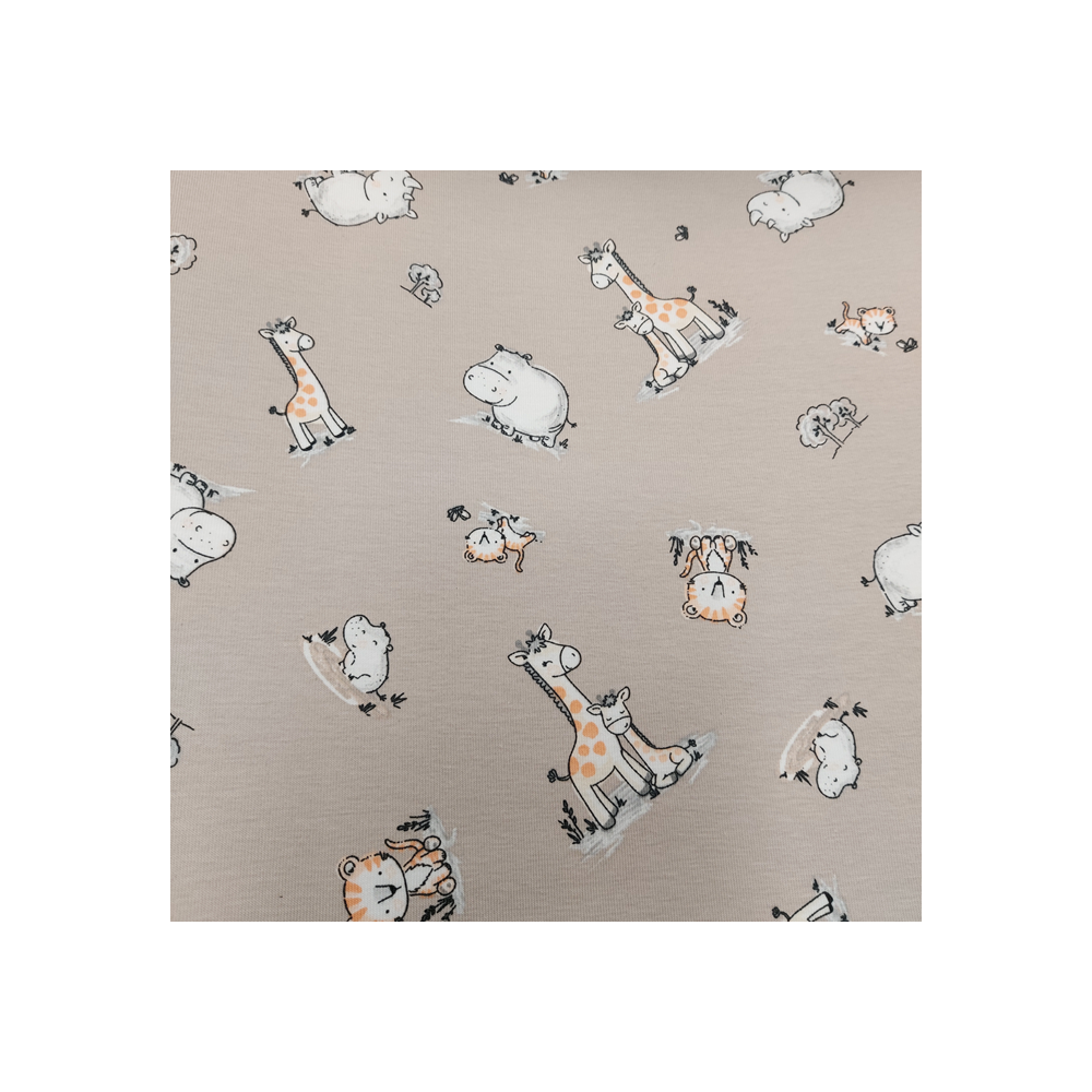 Jersey printed material with girafe and hippo color beige