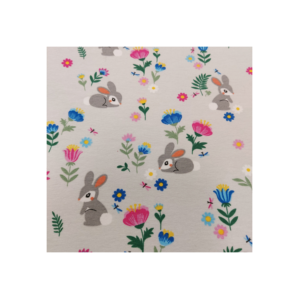 Jersey printed material with rabbit and flower