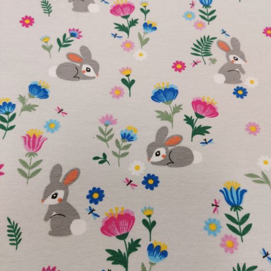 Jersey printed material with rabbit and flower