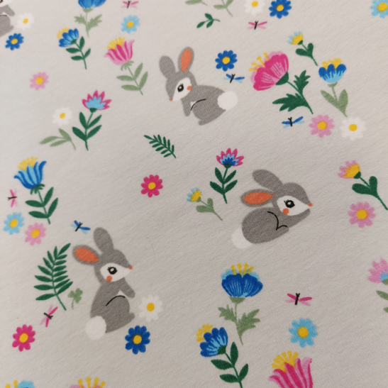 Jersey printed material with rabbit and flower