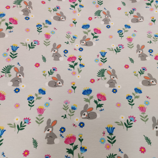 Jersey printed material with rabbit and flower