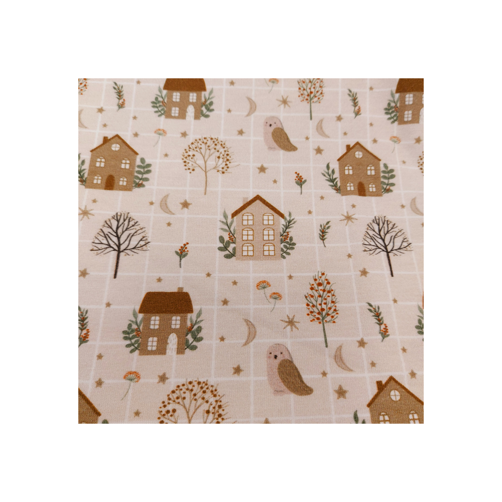 Jersey printed material with house and owl