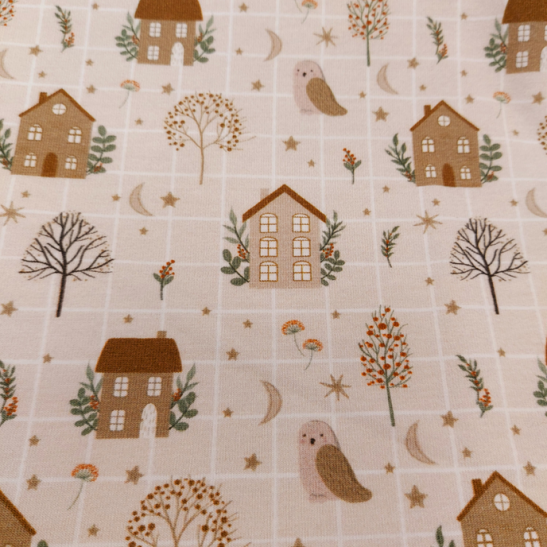 Jersey printed material with house and owl