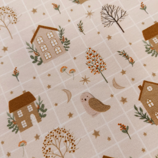 Jersey printed material with house and owl