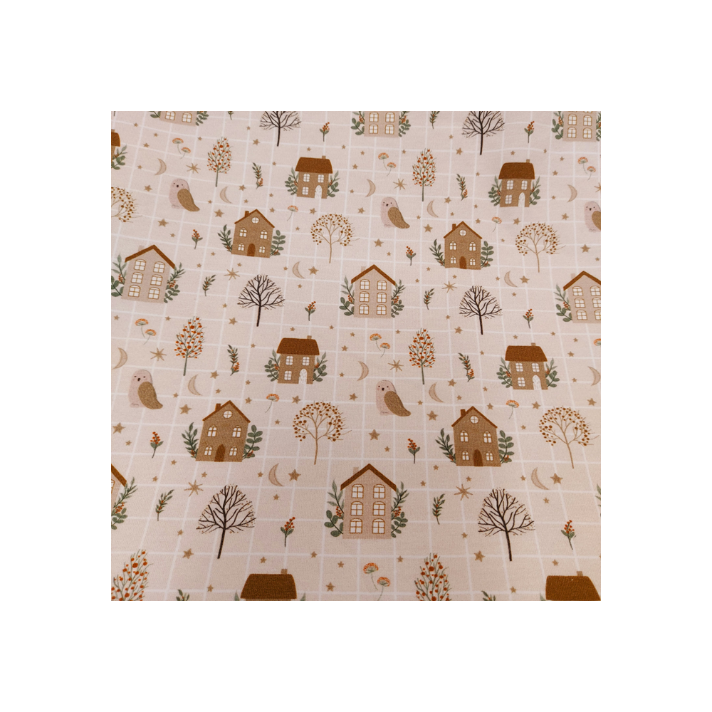 Jersey printed material with house and owl