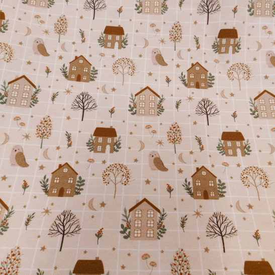Jersey printed material with house and owl