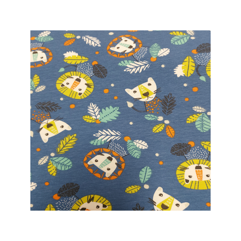 Jersey printed material with lion color blue