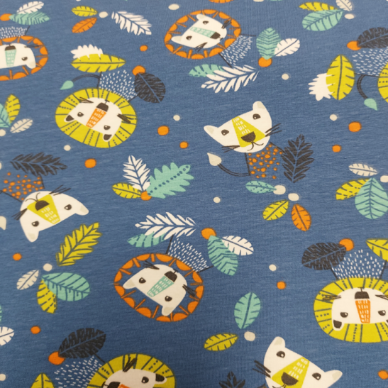 Jersey printed material with lion color blue