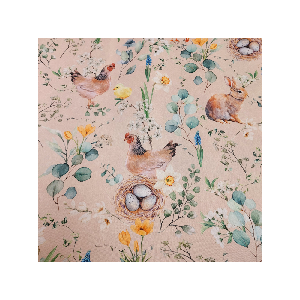 Tissu coton semi panama poule et lapin de Pâques