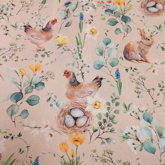 Tissu coton semi panama poule et lapin de Pâques