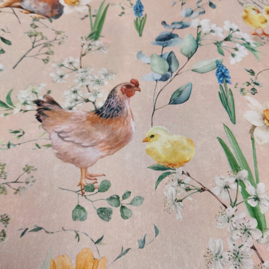 Deco half panama print with Easter chicken and rabbit
