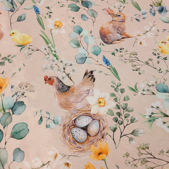 Deco half panama print with Easter chicken and rabbit