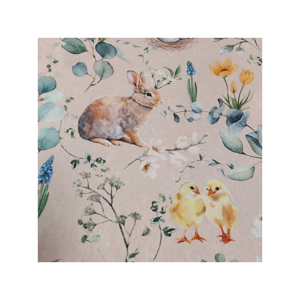 Tissu coton semi panama poule et lapin de Pâques