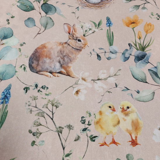 Tissu coton semi panama poule et lapin de Pâques