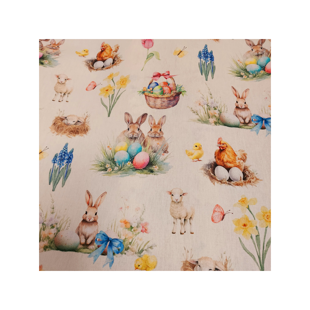Deco half panama print with Easter rabbit and sheep