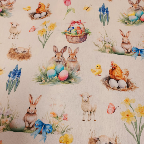 Deco half panama print with Easter rabbit and sheep