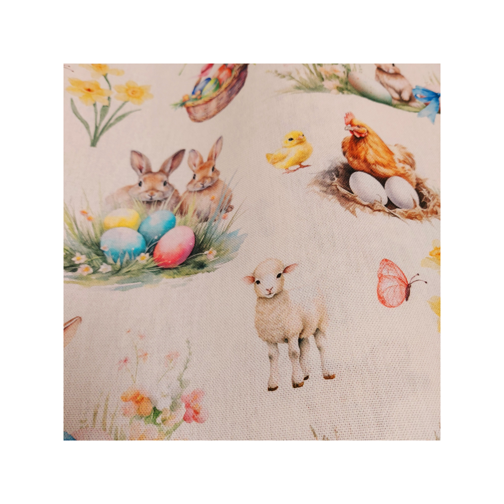 Deco half panama print with Easter rabbit and sheep