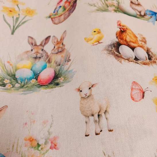Deco half panama print with Easter rabbit and sheep