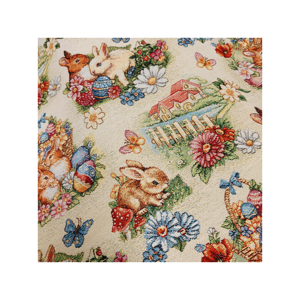 Tissu jacquard gobelin lapin et oeuf de Pâques coloris beige