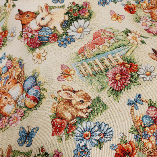 Tissu jacquard gobelin lapin et oeuf de Pâques coloris beige