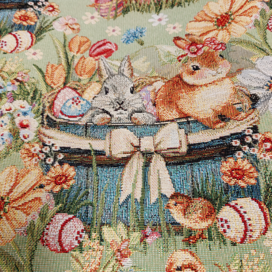 Tissu jacquard gobelin lapin et oeuf de Pâques coloris vert