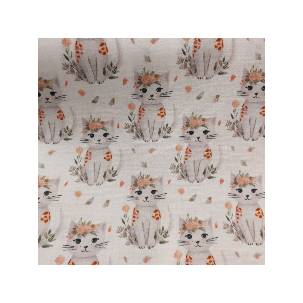 Tissu double gaze de coton imprimé chat
