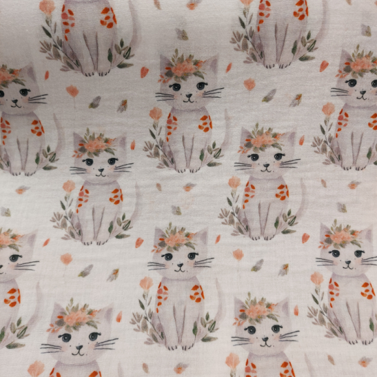 Tissu double gaze de coton imprimé chat