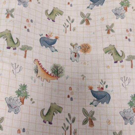 Tissu double gaze de coton imprimé dinosaure