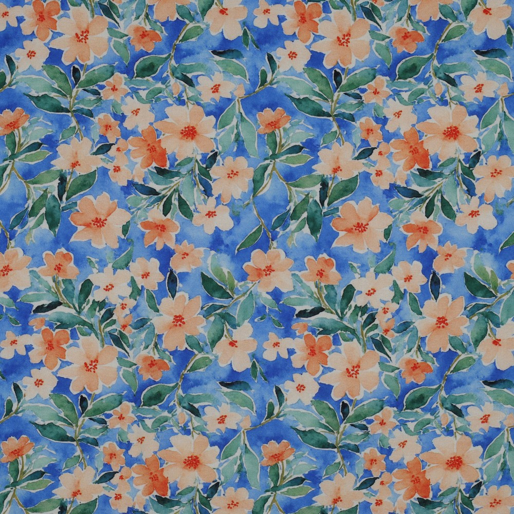 Tissu viscose Poppy imprimé fleurs oranges sur fond bleu